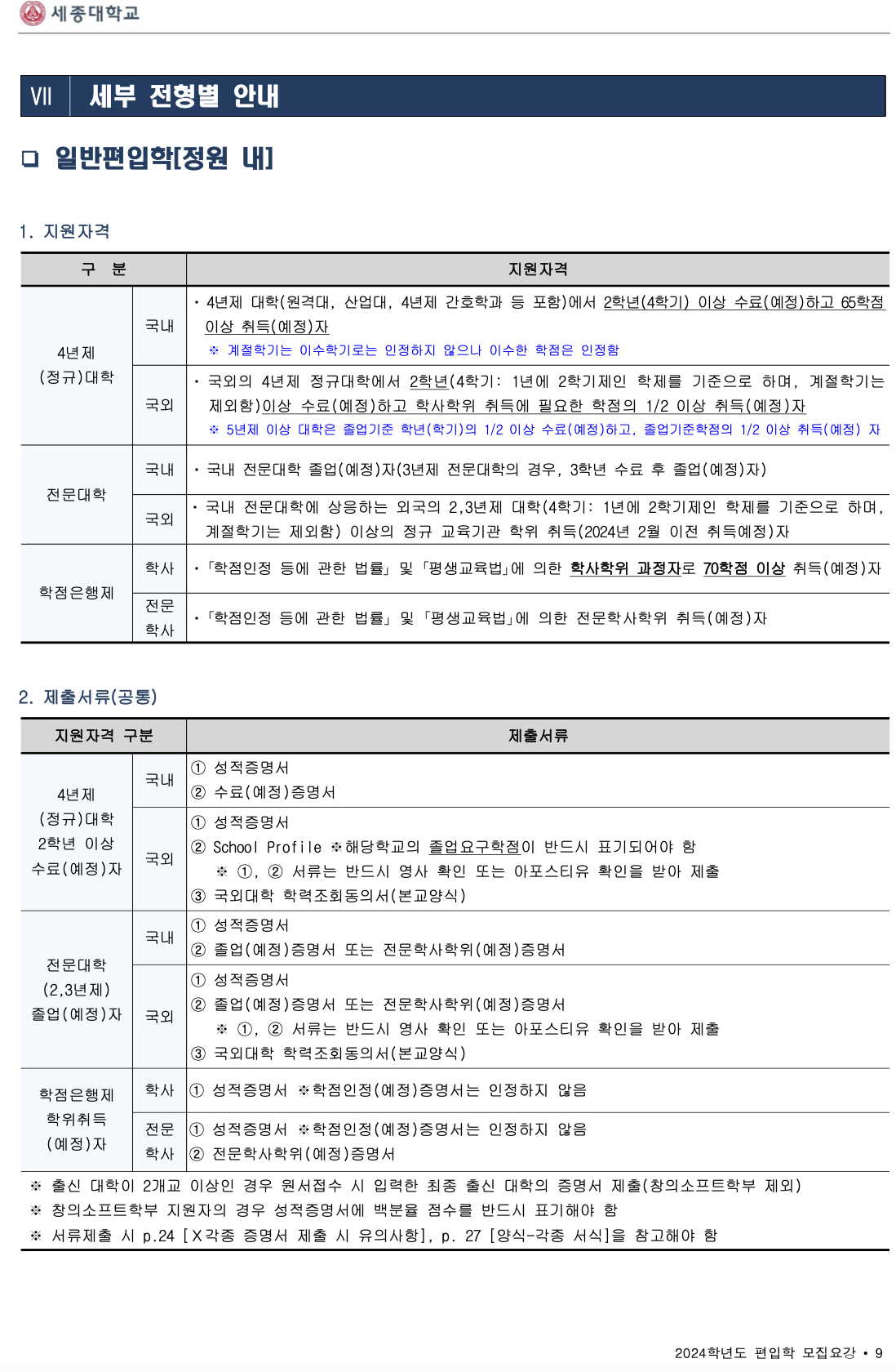세종대 편입요강 2024학년도