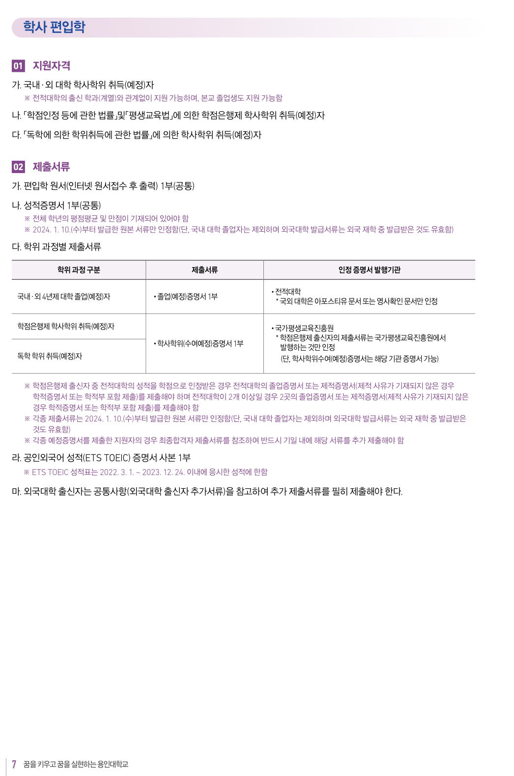 용인대 편입요강 2024학년도