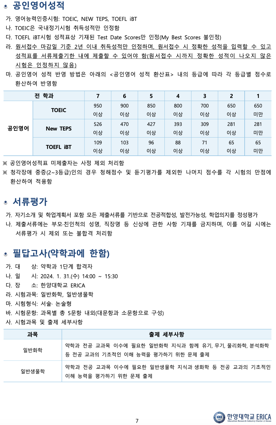 한양대 에리카 2024학년도 편입요강