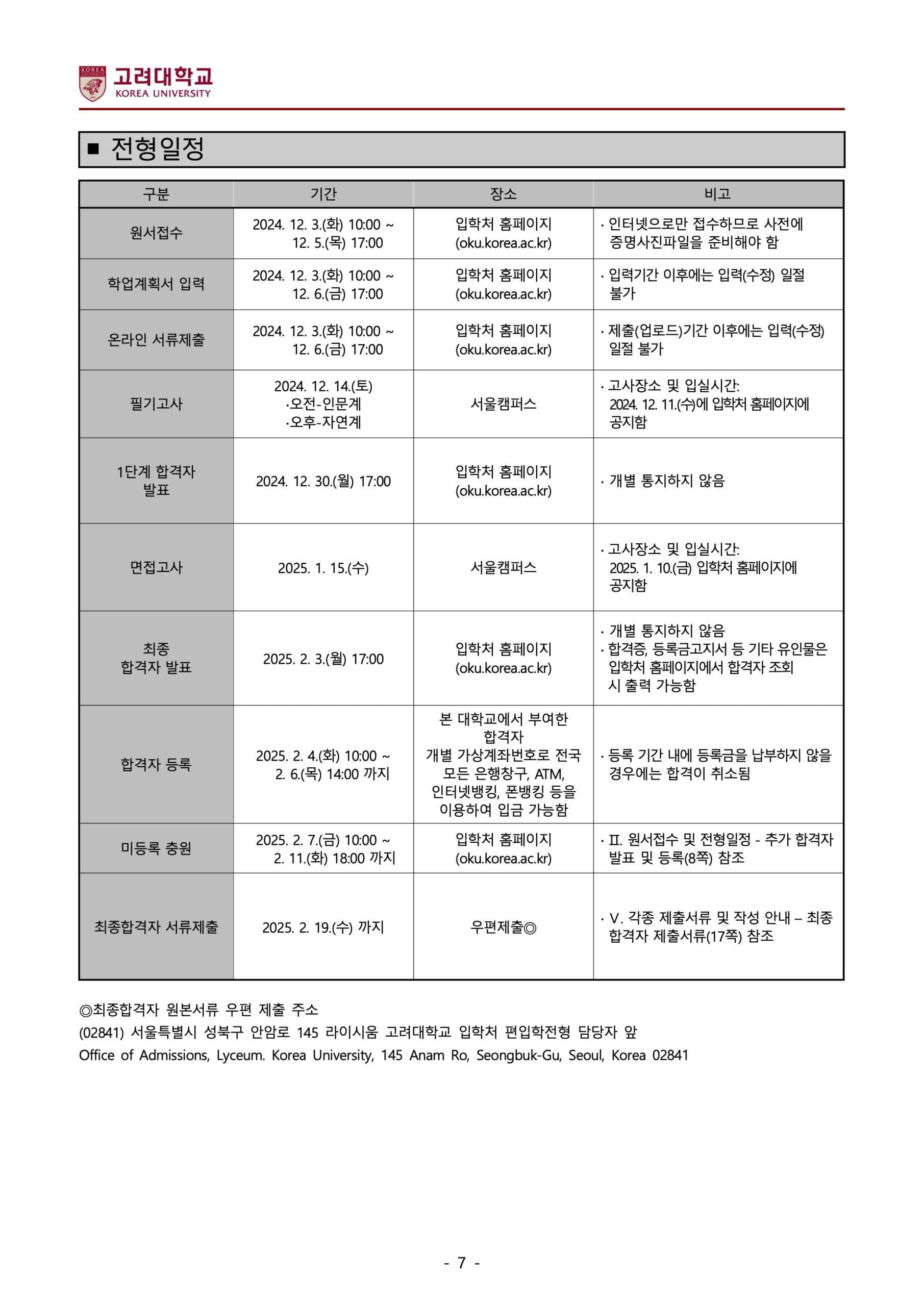 2025학년도 고려대 편입요강 전형일정