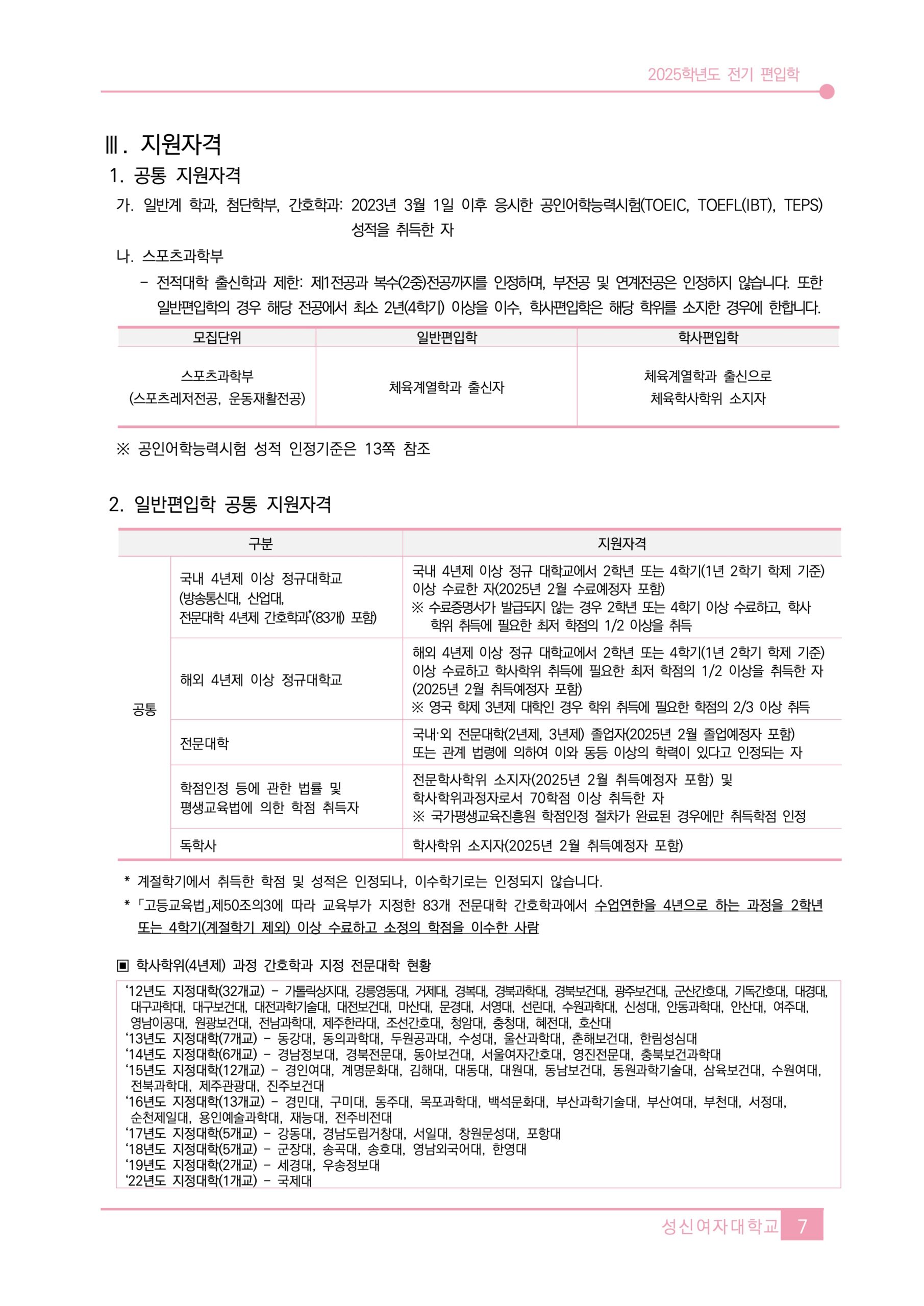 성신여대 편입요강 2025학년도 