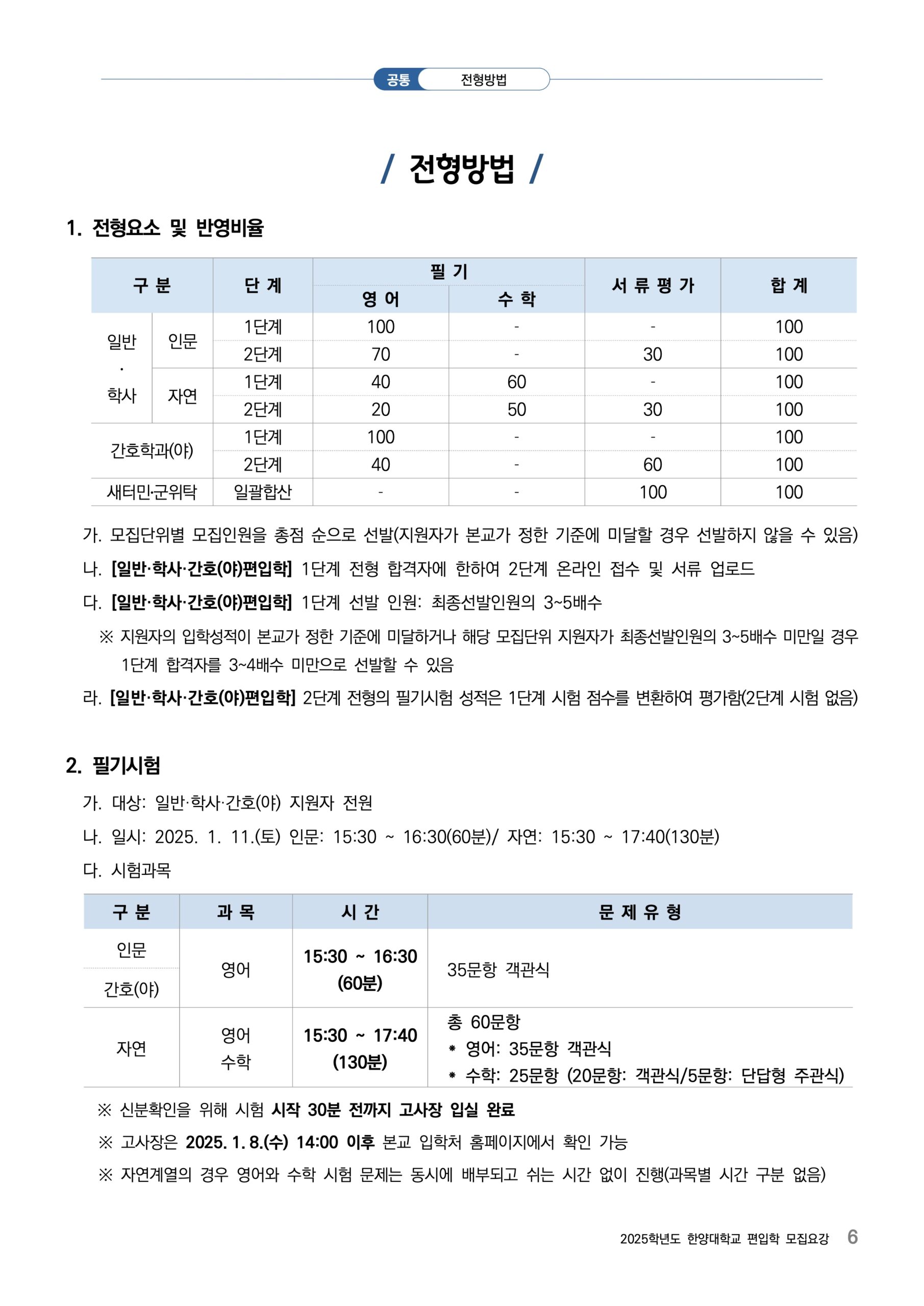 2025학년도 한양대 편입요강