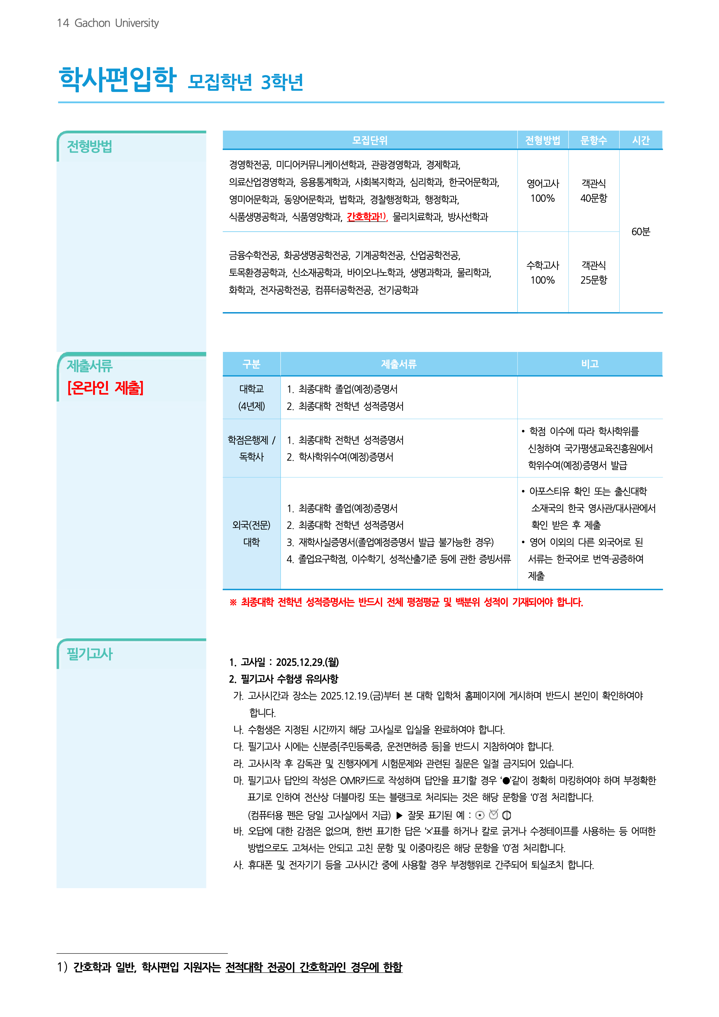 가천대 편입요강 2026학년도