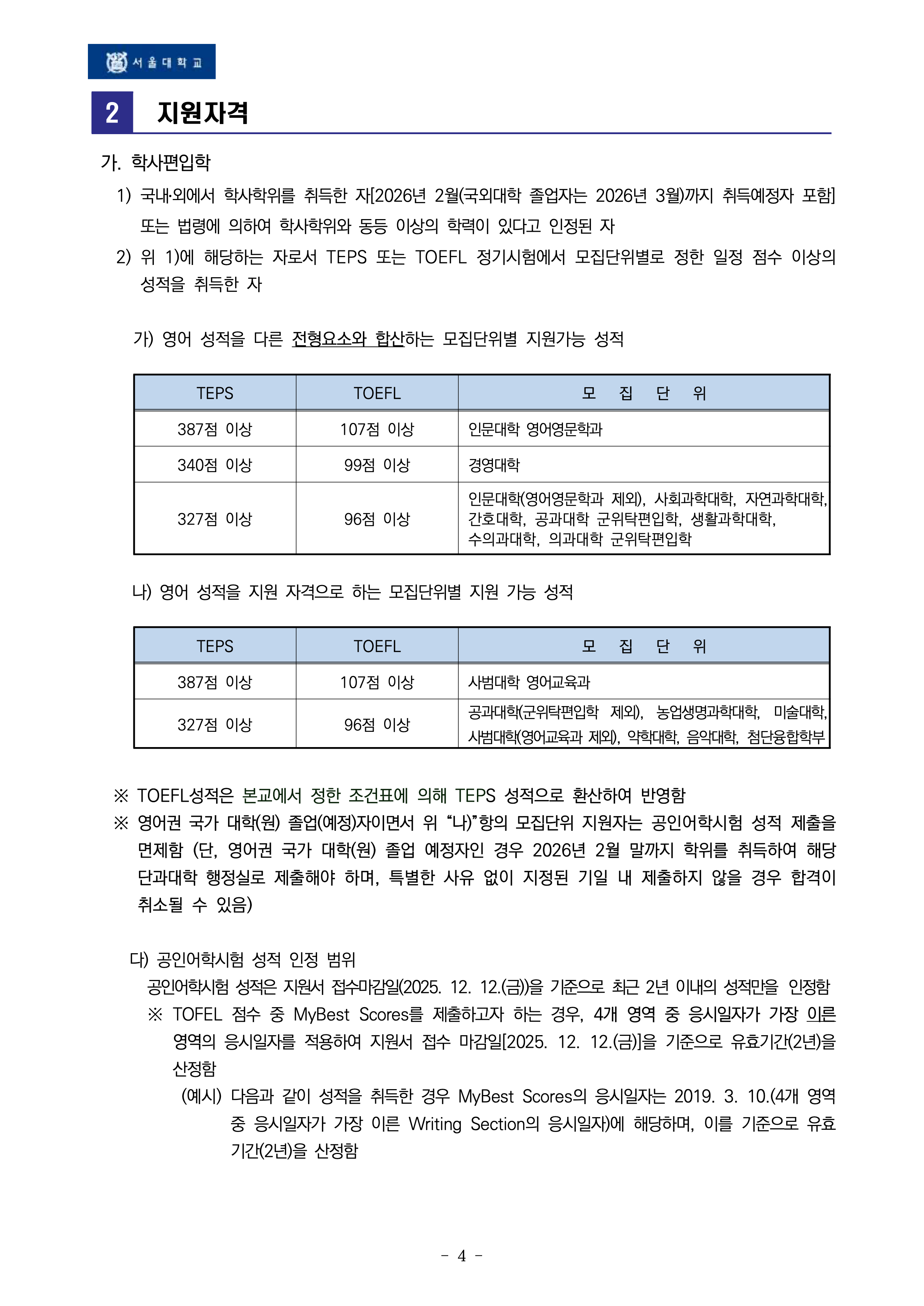 서울대 편입요강 2026학년도