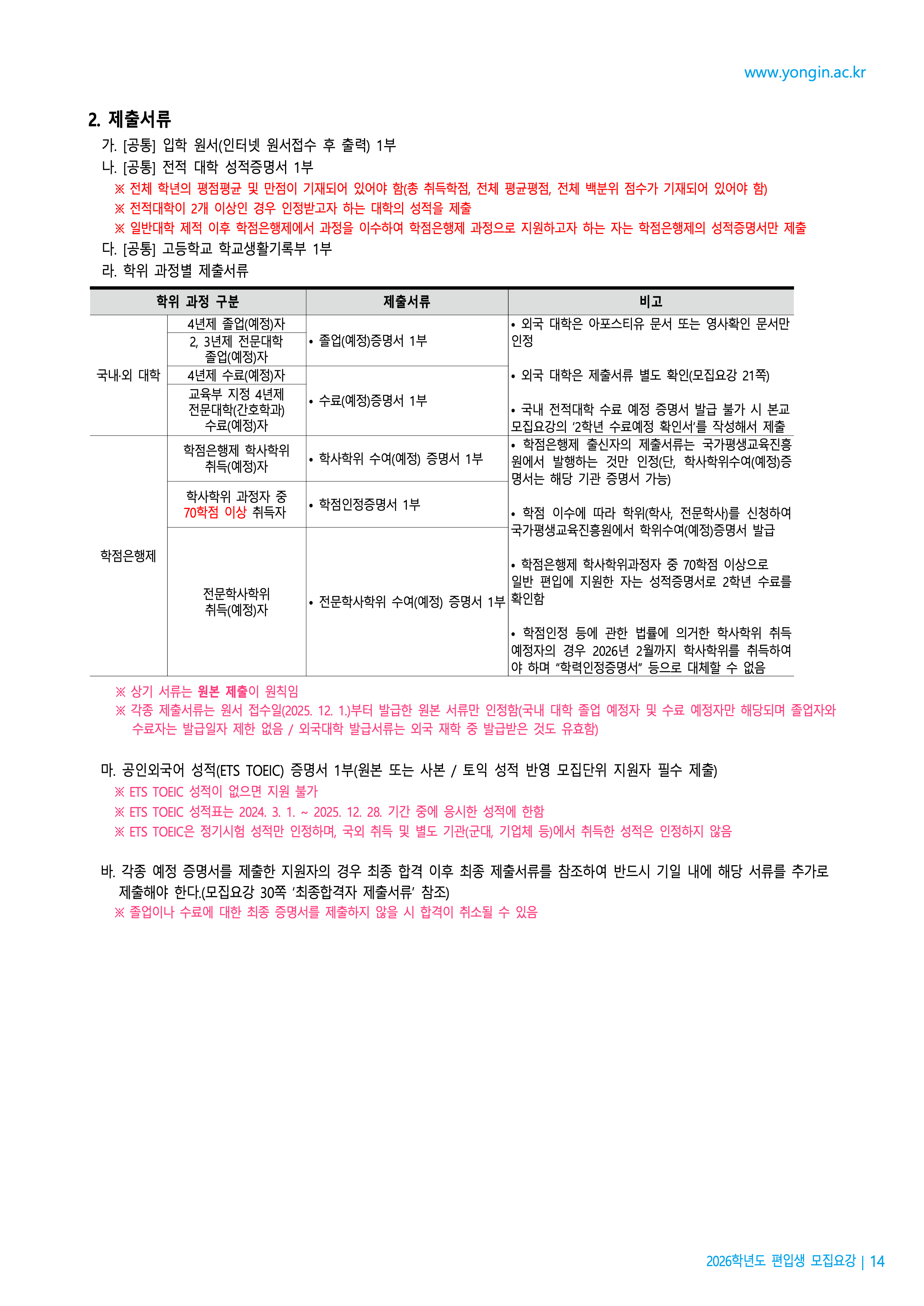 용인대 편입요강