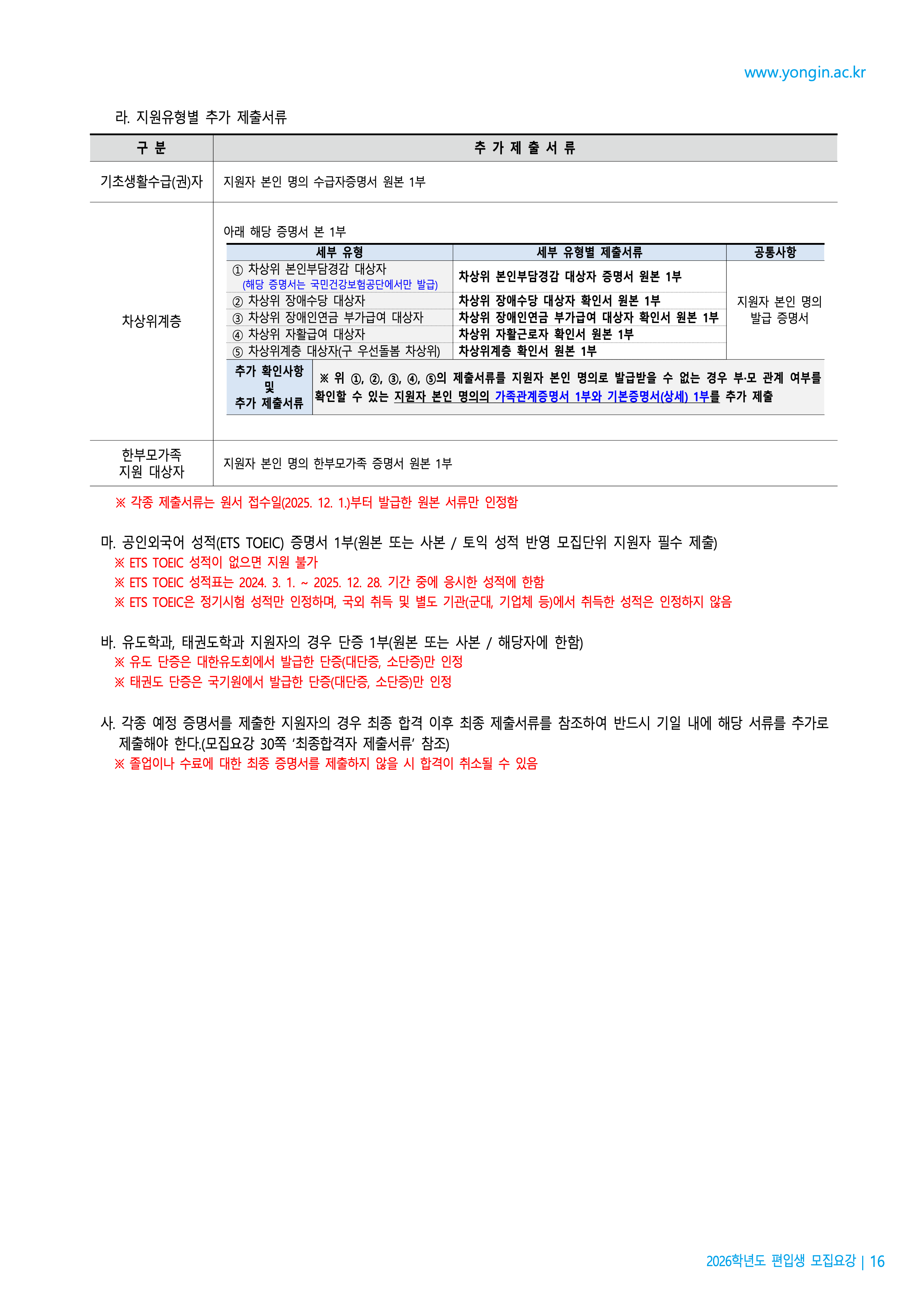 용인대 편입요강