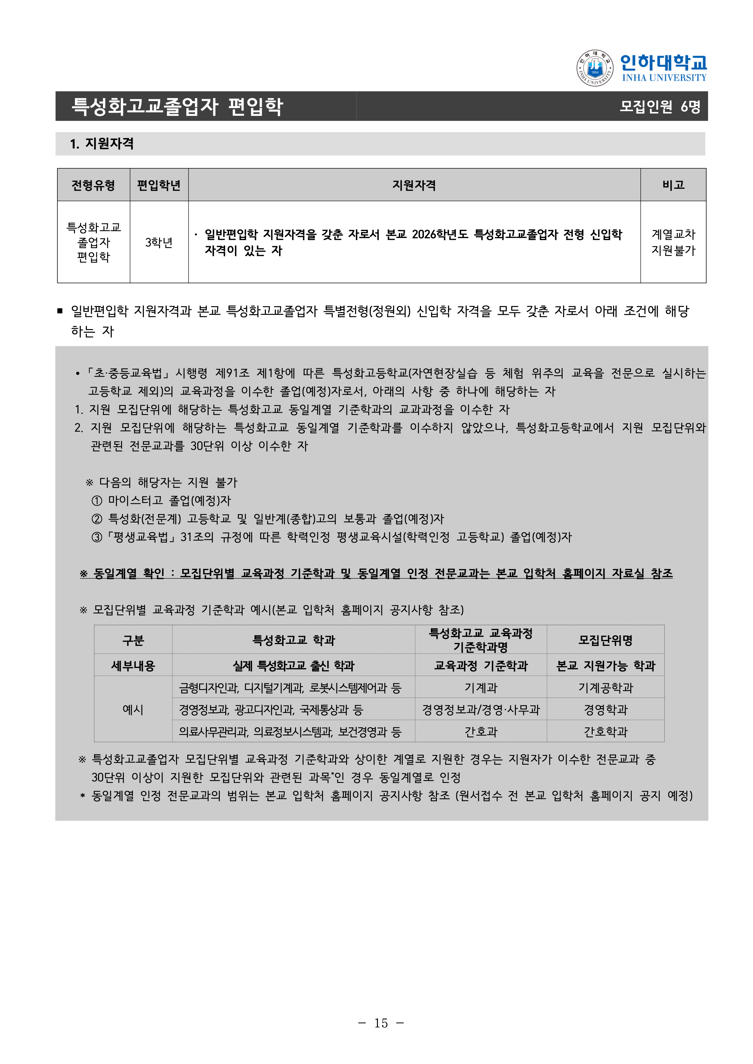 인하대 편입모집요강