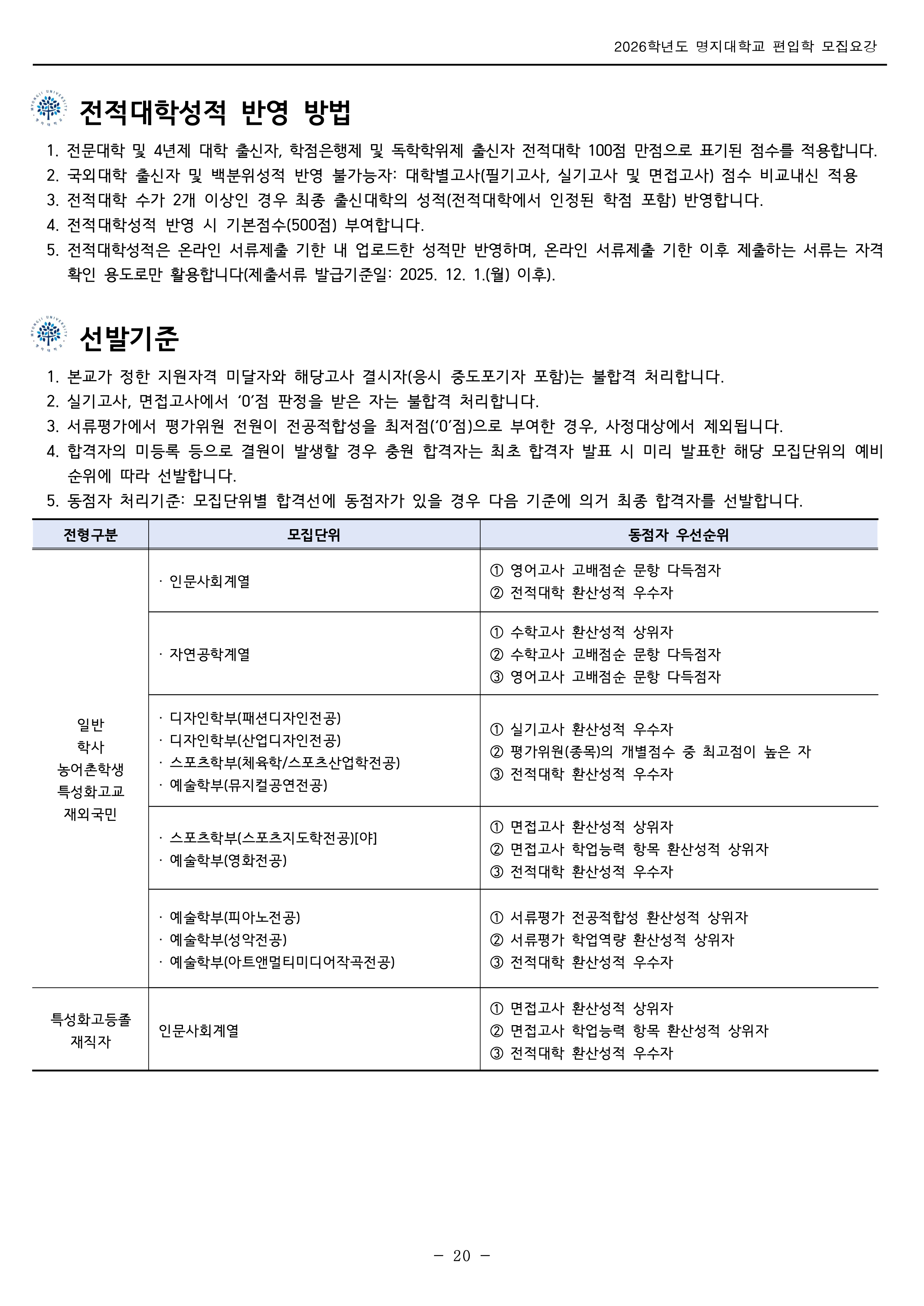 명지대 편입모집요강