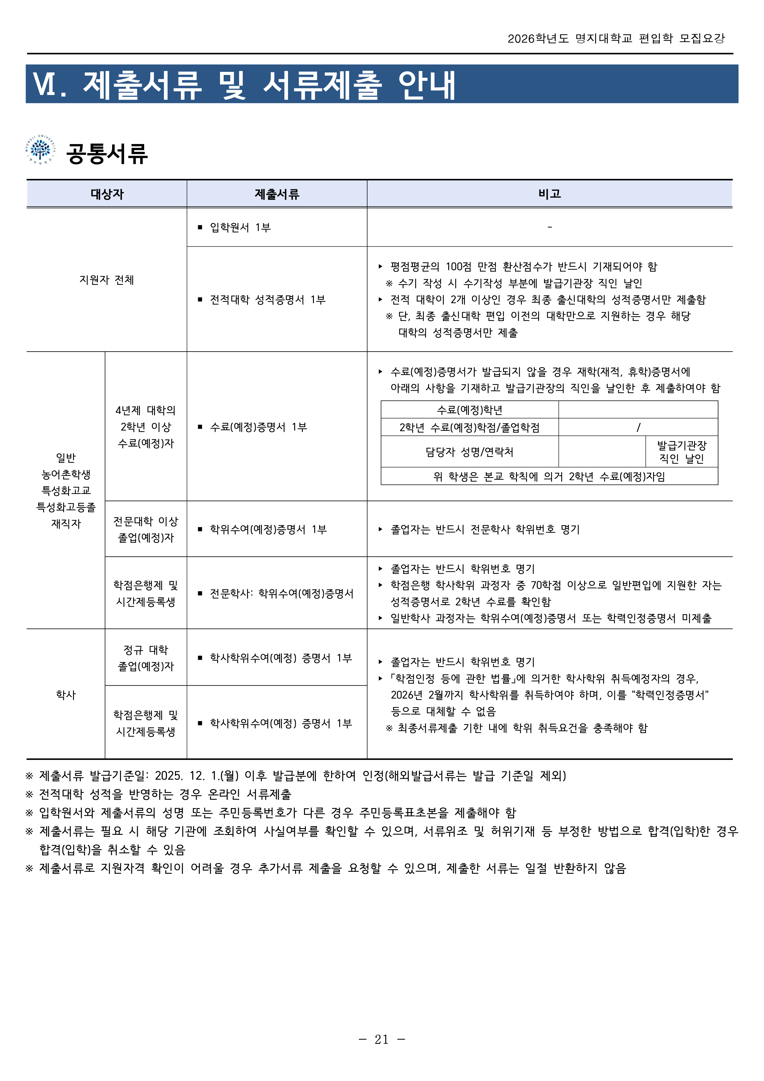 명지대 편입모집요강