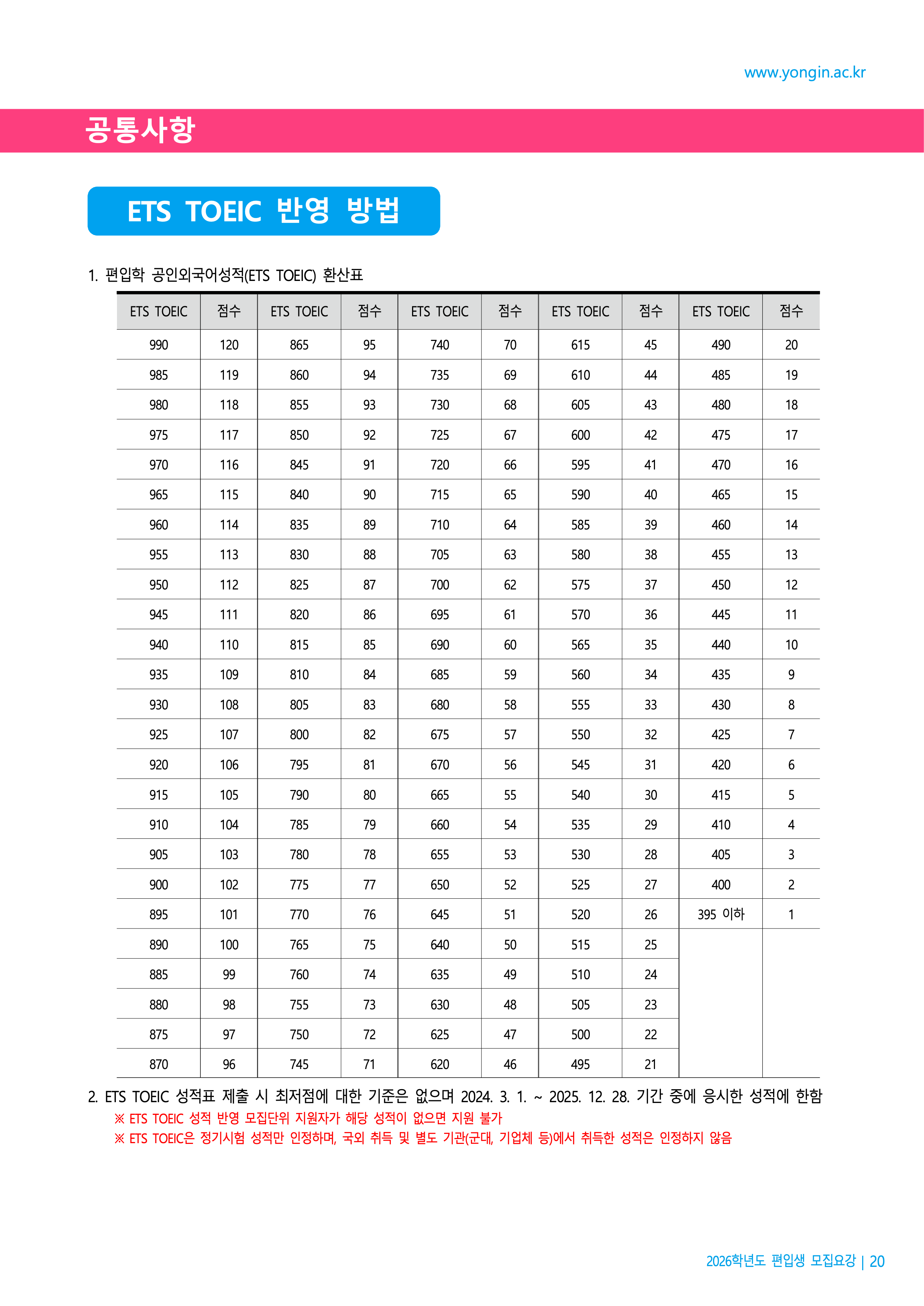 용인대 편입모집요강