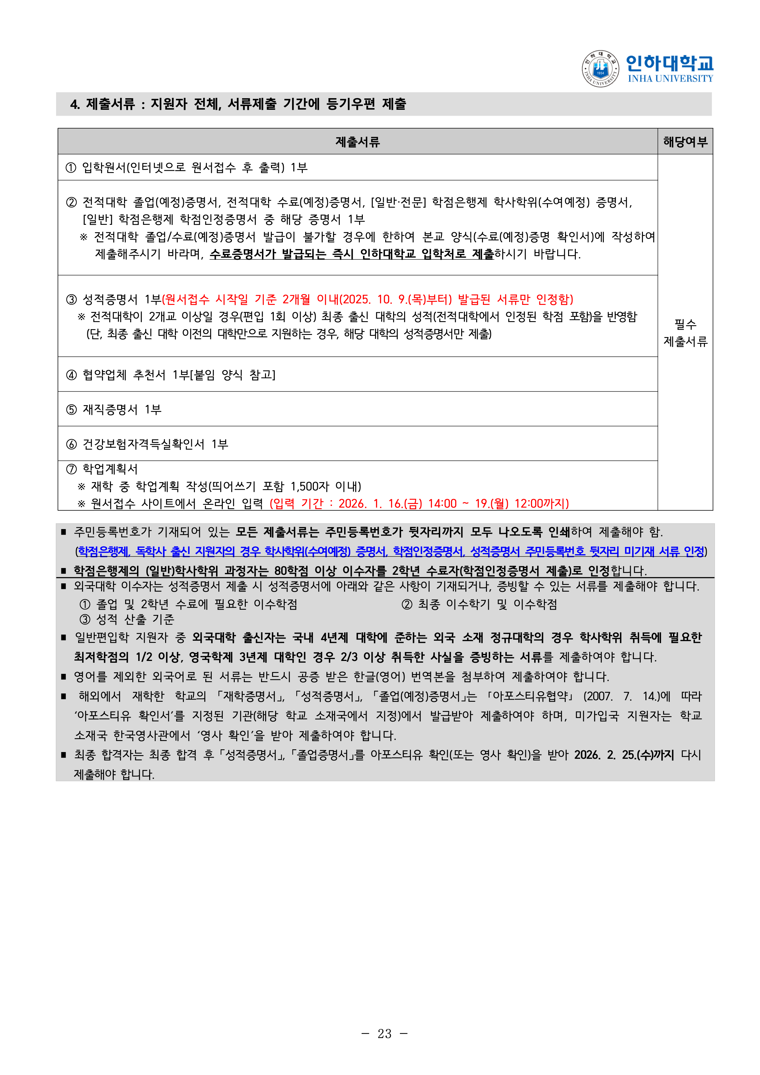 인하대 편입요강